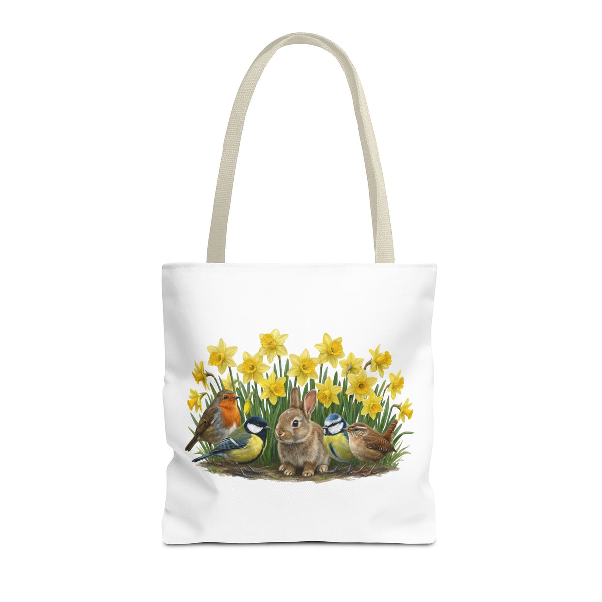 Resistente bolsa de compras «Primavera»: motivo de conejo, petirrojo y carbonero | bolso shopper de 40 x 40 cm