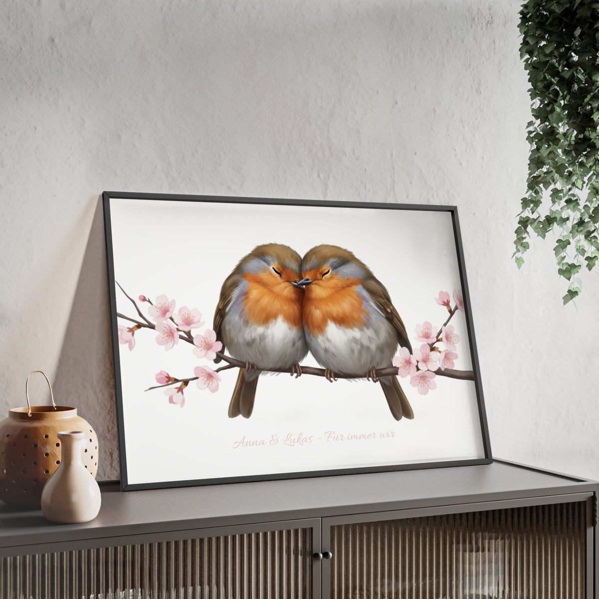 Tableau mural personnalisé avec cadre en bois – Couple de rouges-gorges avec prénoms au choix