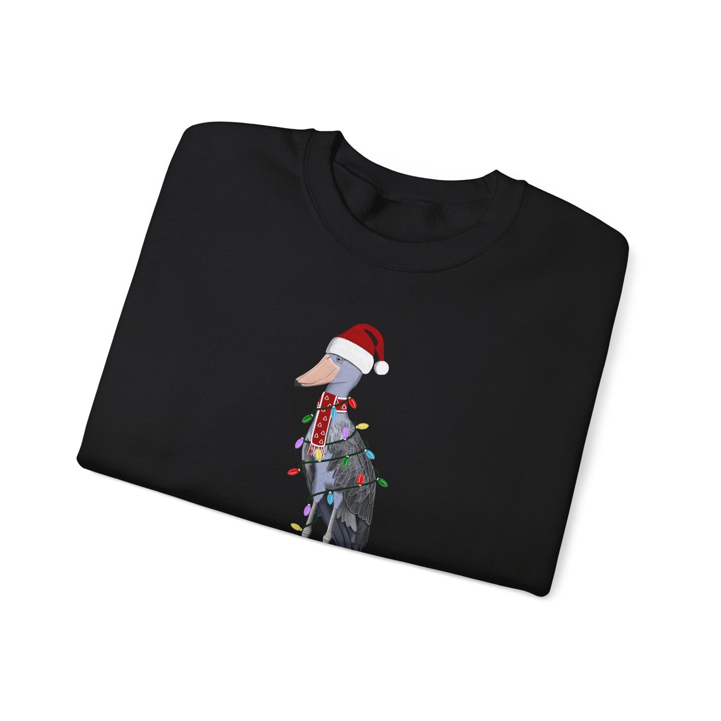 サンタクロースの姿でフェアリーライトをつけたハシビロコウのハッピーホリデーバードウォッチャークリスマスバードスウェットシャツ