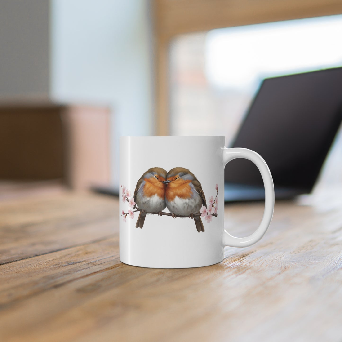 "Lovebirds" Coffee Mug – Cuddling Robins & Cherry Blossoms Valentine's Day Gift