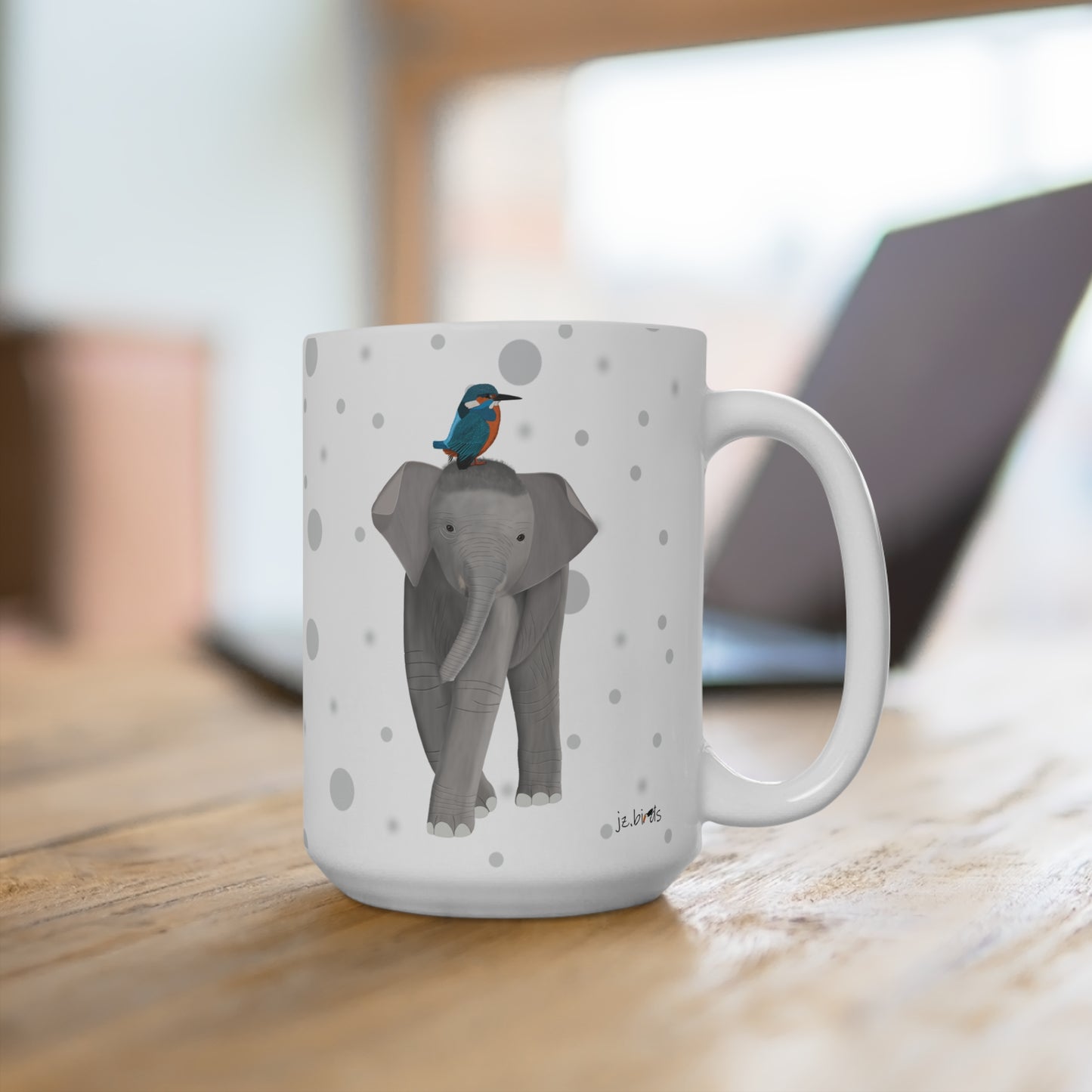 Eisvogel auf einem Elefanten Vogel Tasse Punkte Grau