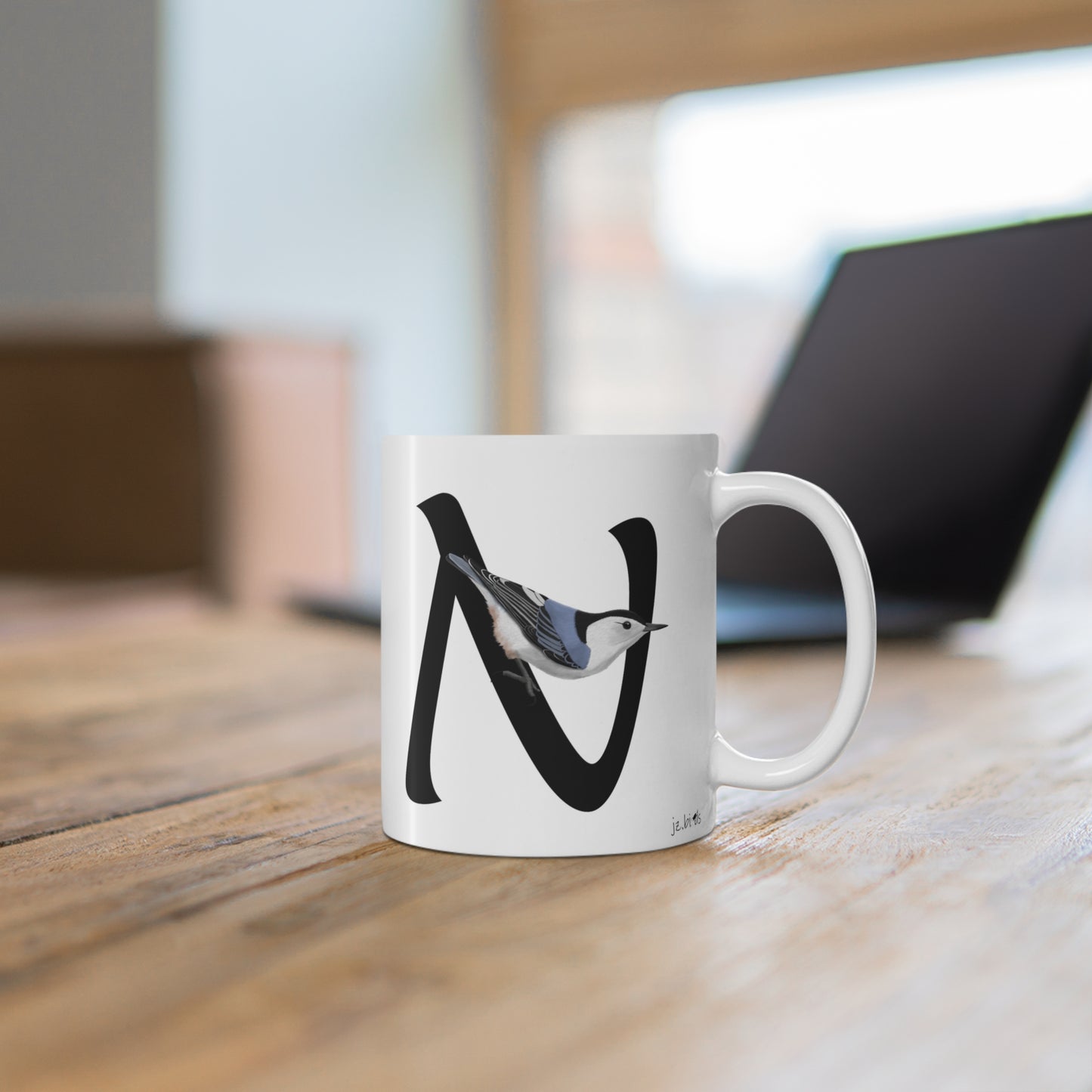 Nuthatch Letter N Bird Ceramic Mug 11oz White