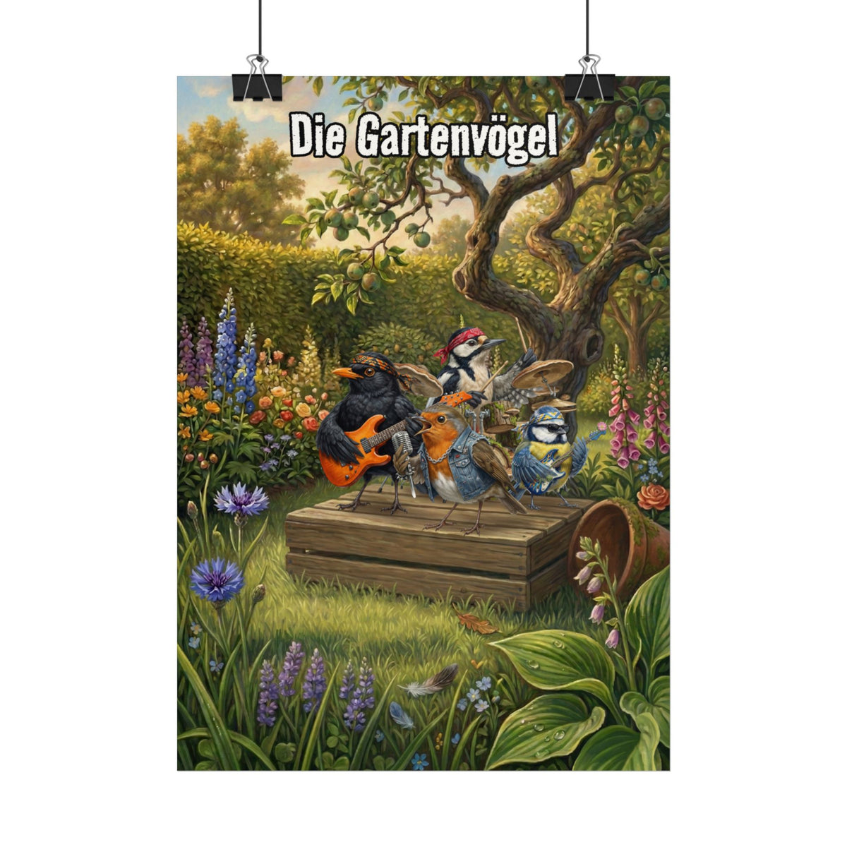 Dipinto da parete Gli uccelli del giardino sul palco - Poster per cameretta Uccello rockstar | Blacky Bert Sigi Rocky