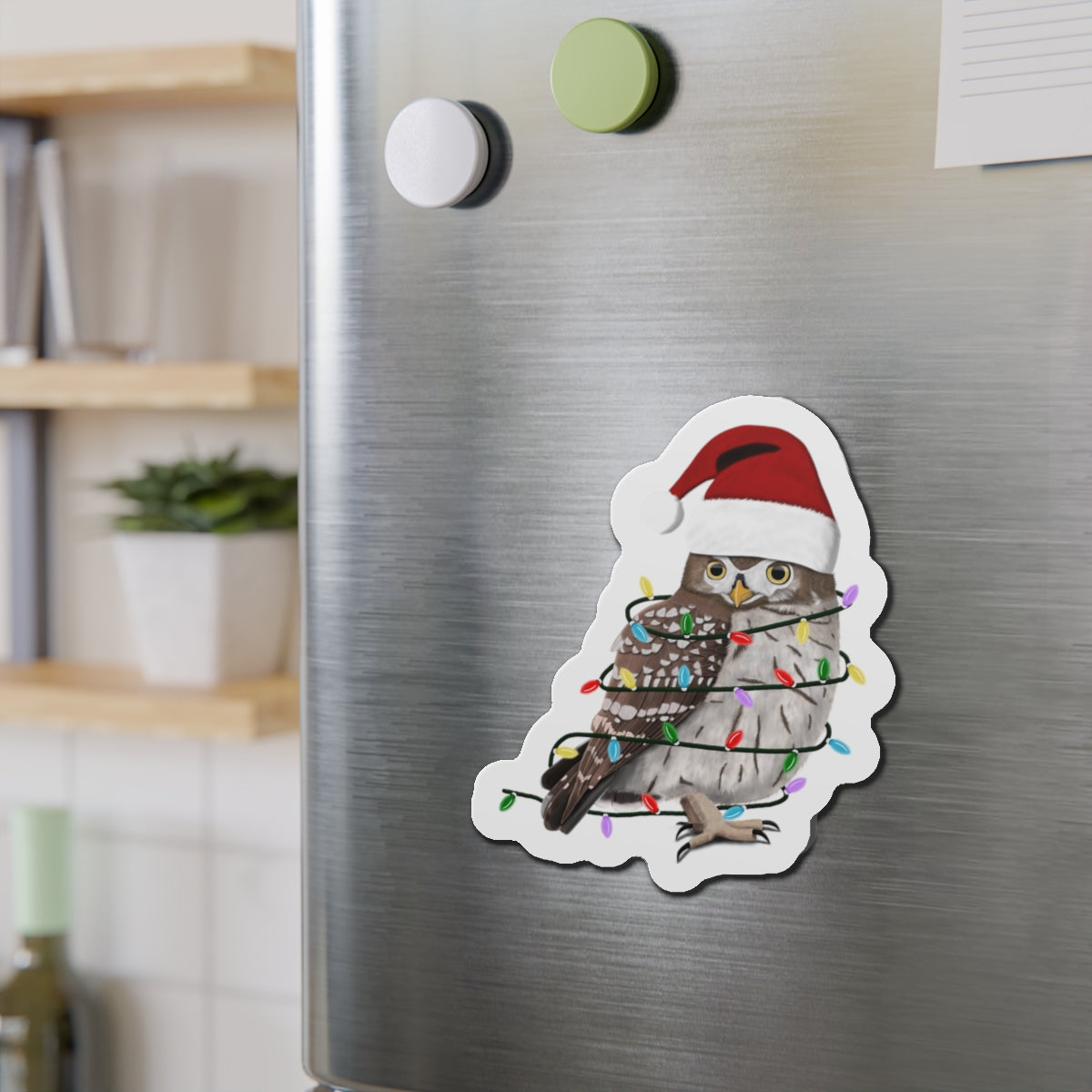 Owl with Fairy Lights and Scarf Christmas Bird Magnet