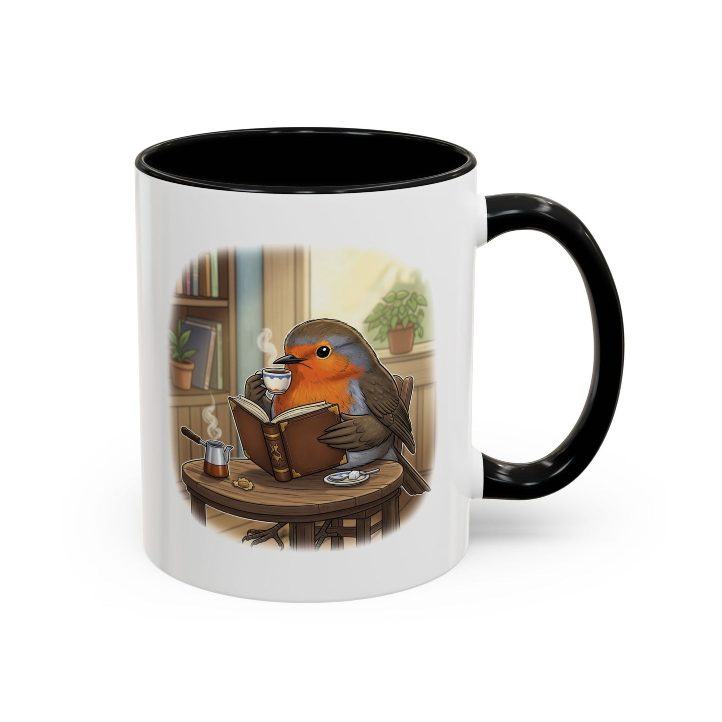 Robin Reads Books and Drinks Coffee Bird Mug for Bird and Book Lovers