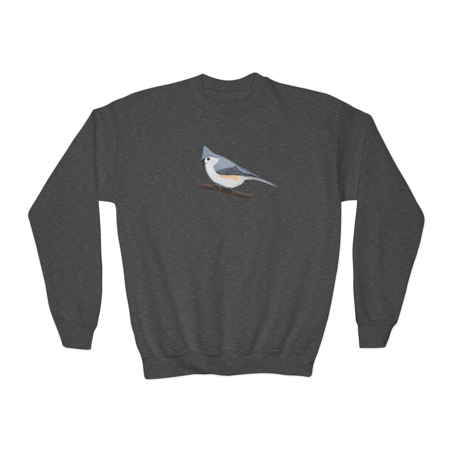 Tufted Titmouse Youth Sweatshirts on Casual Kids Clothing background