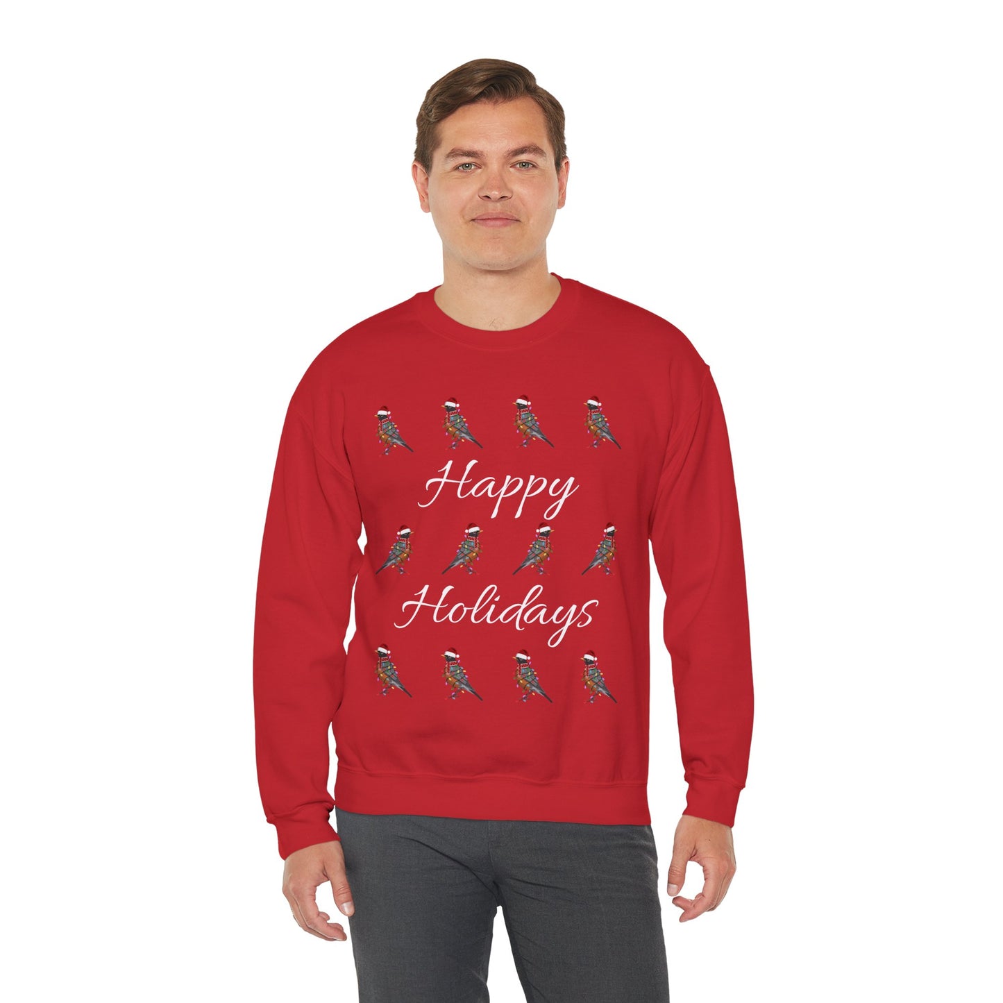 American Robin as Santa with Hat Scarf and Fairy Lights Happy Holidays Birdwatcher Christmas Bird Sweatshirt