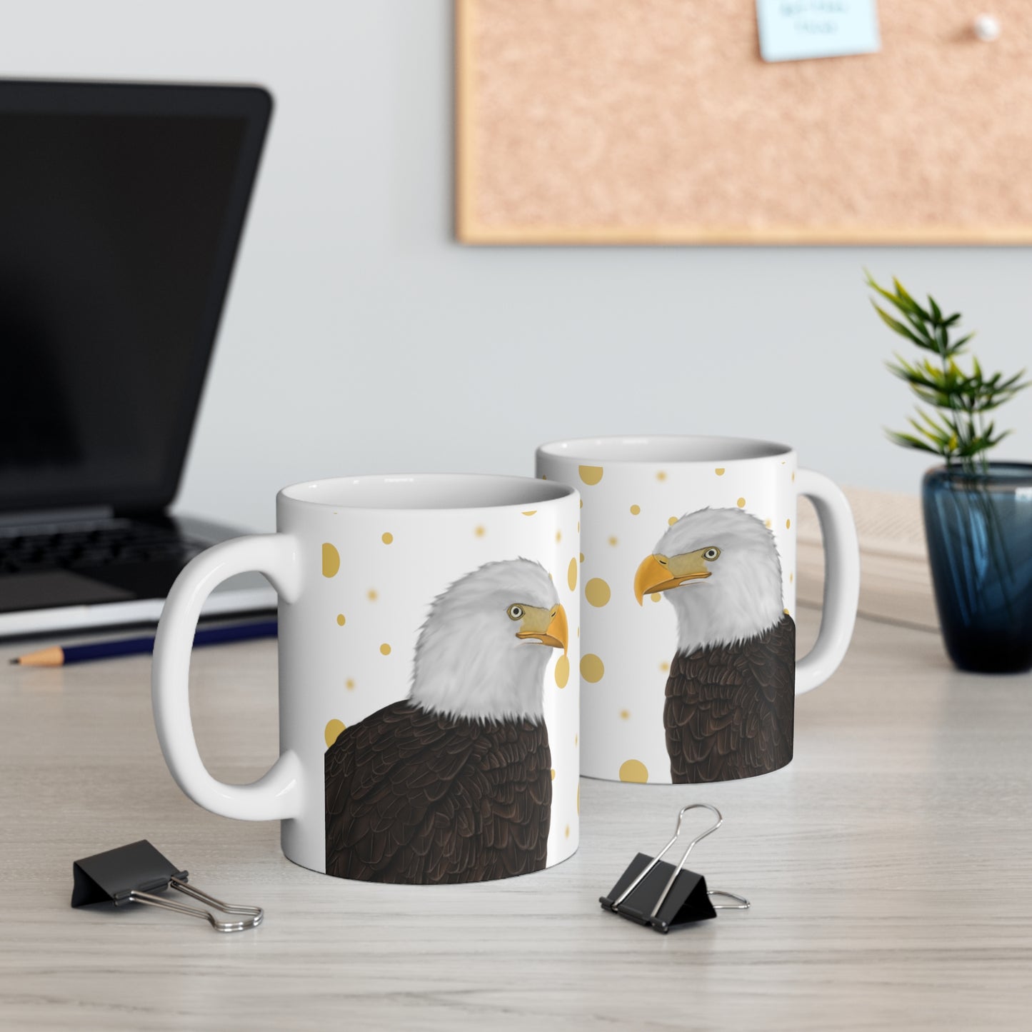 Bald Ealge Bird Ceramic Mug White Golden Dots 11oz