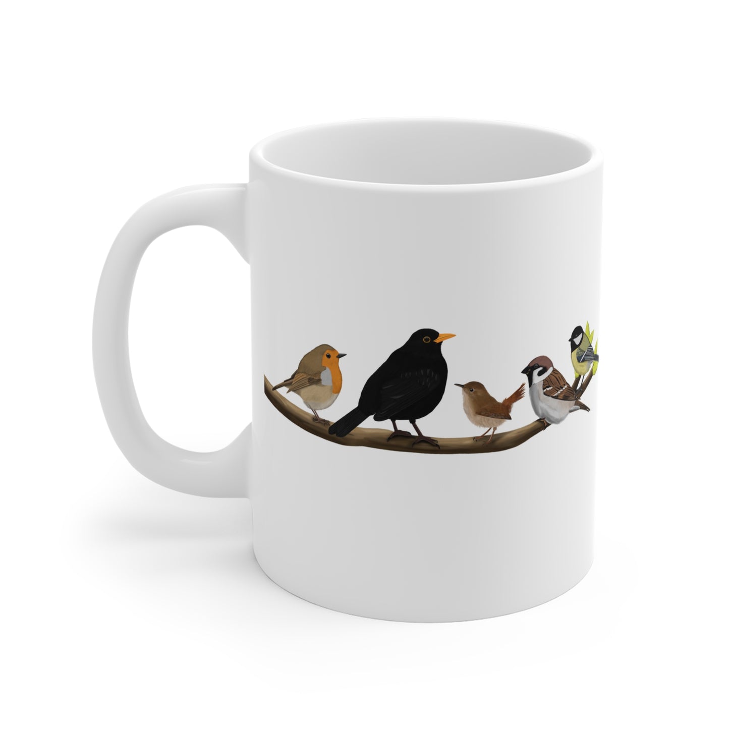 Vögel auf einem Ast Tasse Amsel Rotkehlchen Blaumeise Zaunkönig Spatz Kohlmeise Weiß