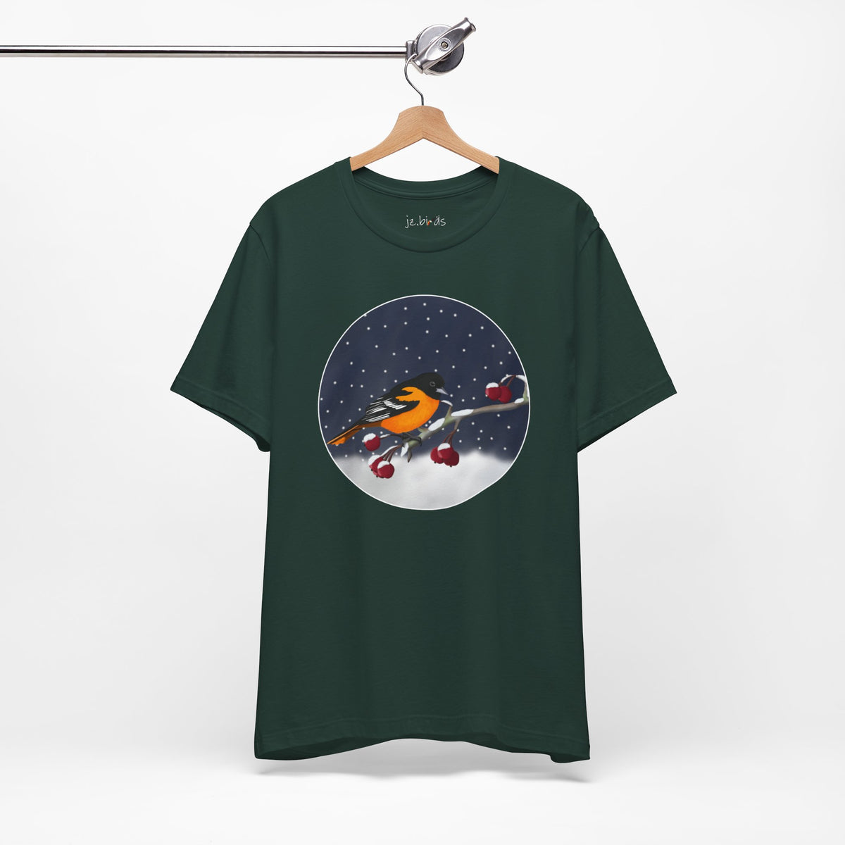 Baltimore Oriole on a Winter Branch Birdwatcher Christmas Bird T-Shirt