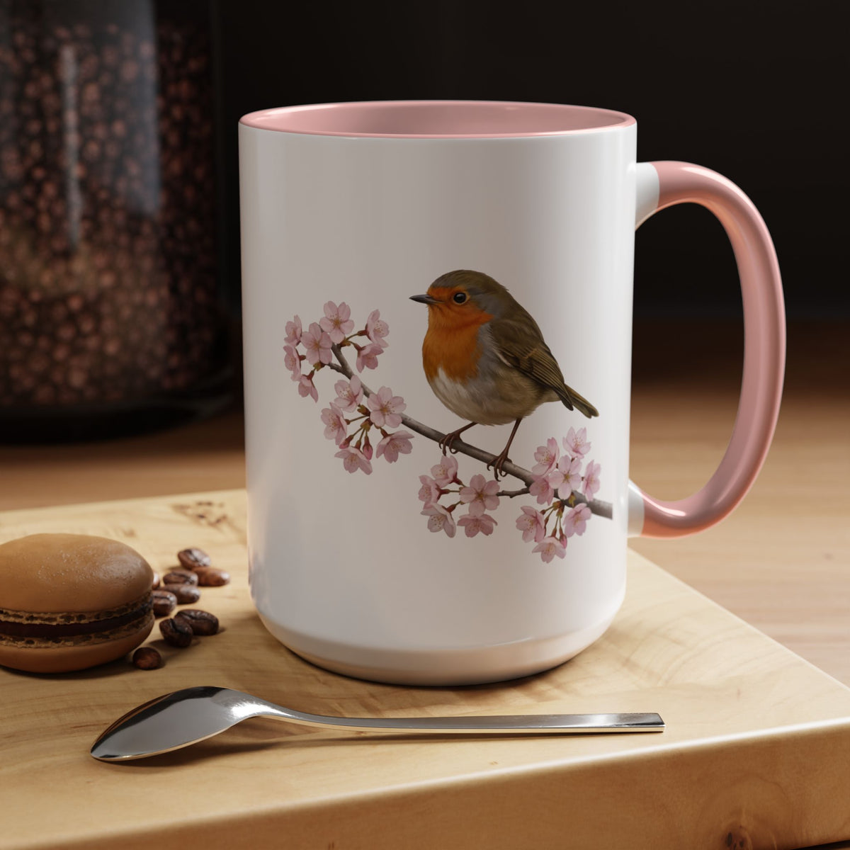 European Robin Cherry Blossom Mug | Pink Ceramic Coffee Cup for Bird Lovers