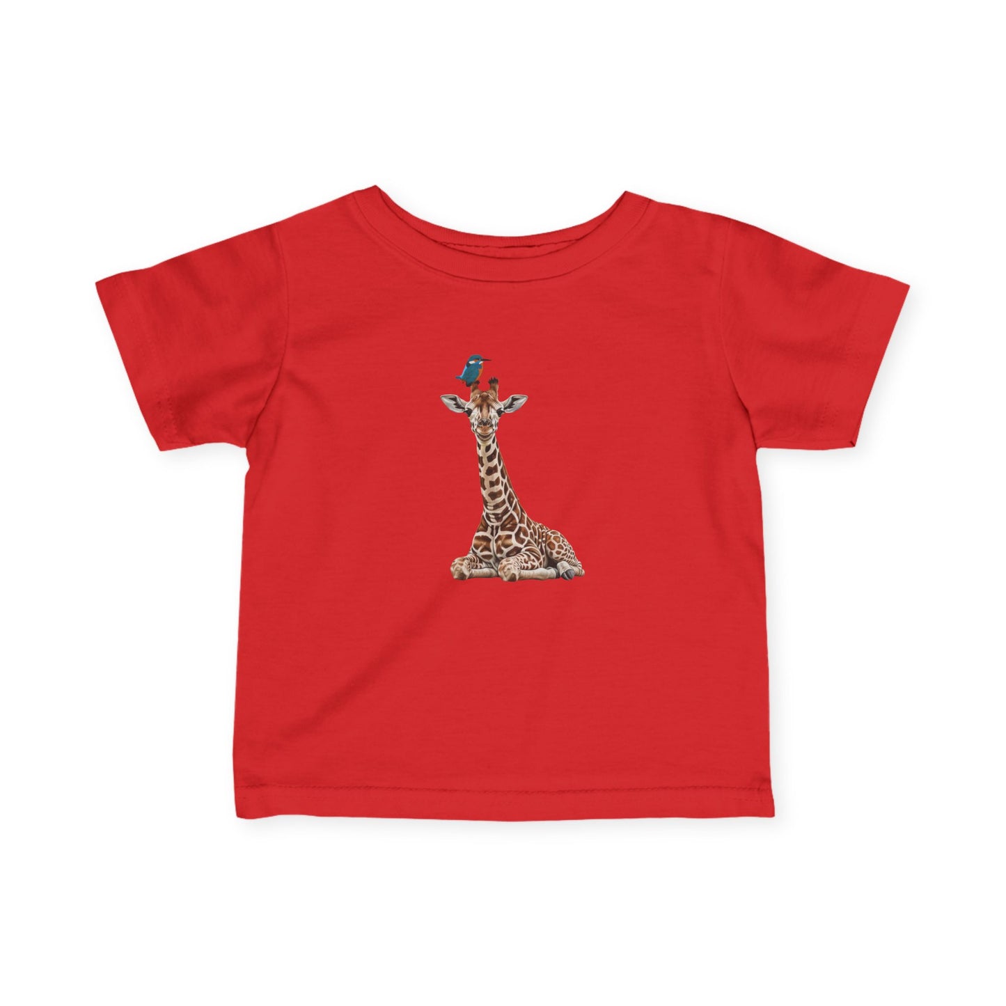 Süße Baby Giraffe mit Eisvogel Vogel Tiermotiv T-Shirt für Babys und Kleinkinder