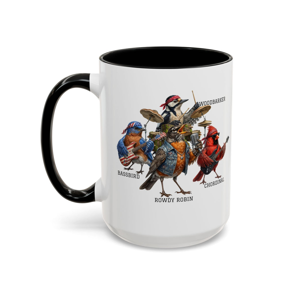 Woodpecker, Bluebird, Cardinal and Robin Mug on 11oz background