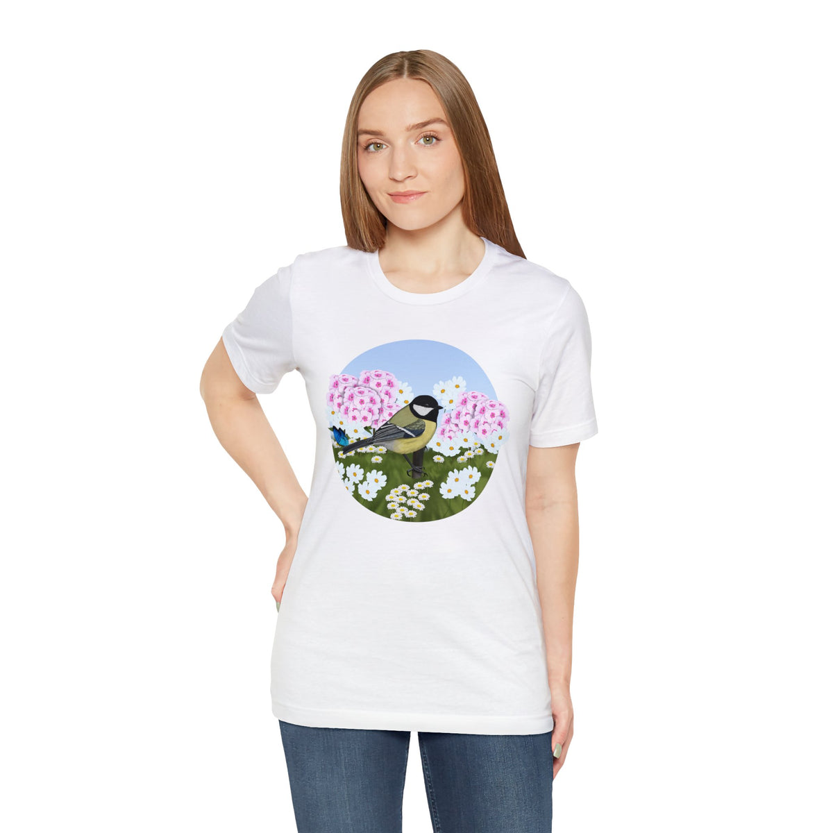 Chickadee and Summer Flowers Bird Tee