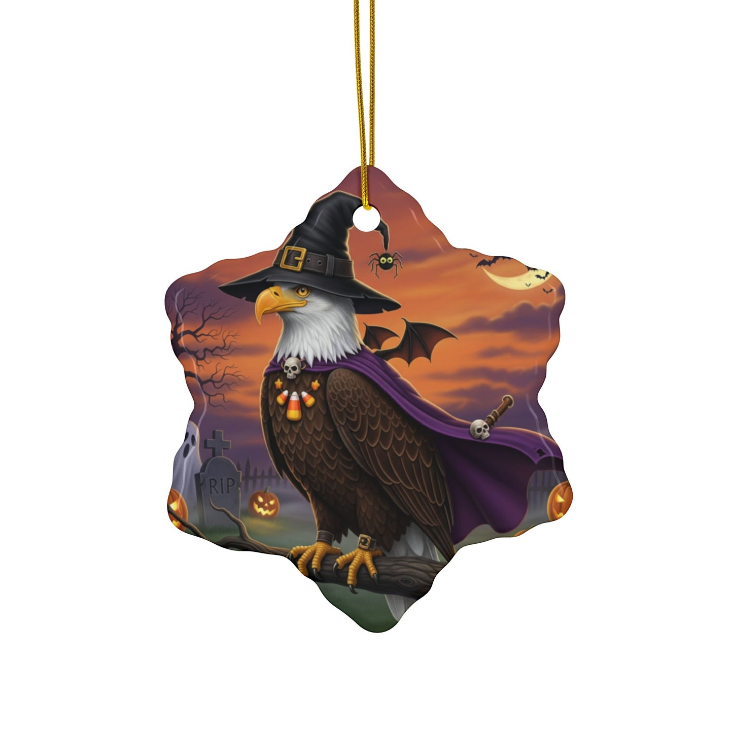 Bald Eagle Ceramic Bird Halloween Ornament | Double-Sided Spooky Decor