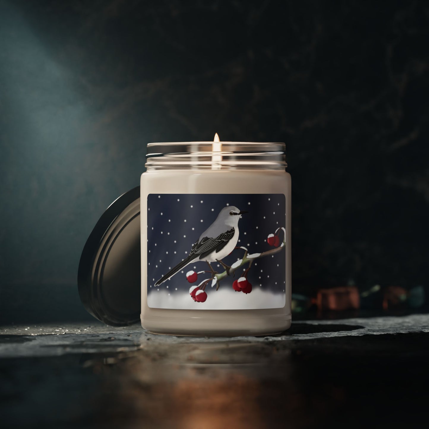 Mockingbird on a Winter Branch Christmas Bird Art Scented Soy Candle, 9oz