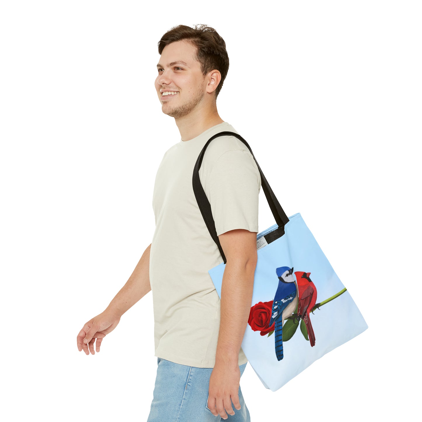 Blue Jay and Cardinal on a Rose Valentine's Day Bird Tote Bag 16"x16" - jz.birds