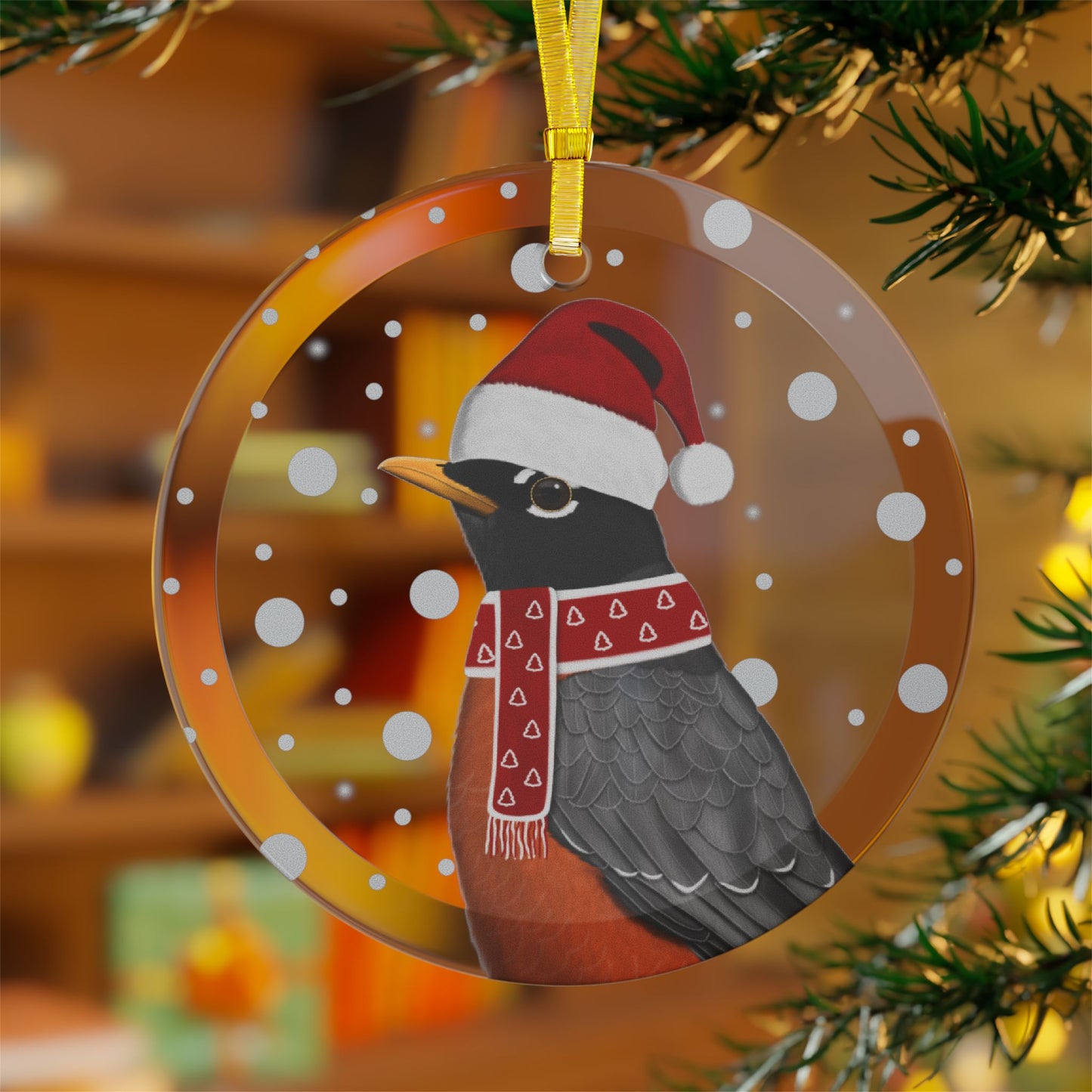 Robin as Santa Claus Christmas Bird Glass Ornament Transparent