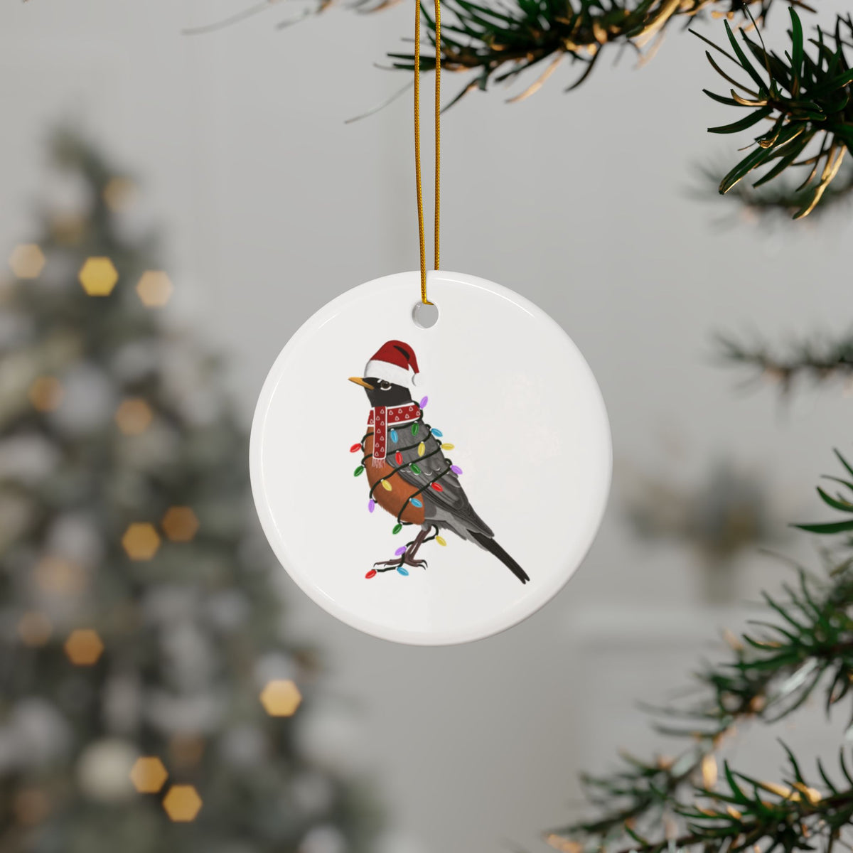 American Robin as Santa Ceramic Bird Christmas Ornament | Durable Double-Sided Bird Lover Decor