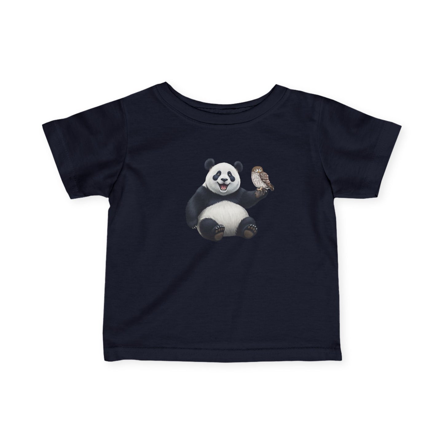 Fröhlicher Panda mit Eule Vogel Tiermotiv T-Shirt für Babys und Kleinkinder