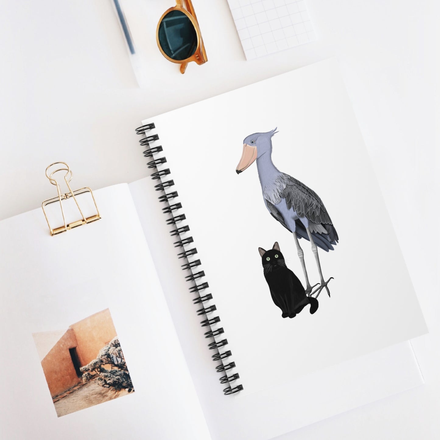 Black Cat with Shoebill Cat and Bird Lover Spiral Notebook Ruled Line 6" x 8"