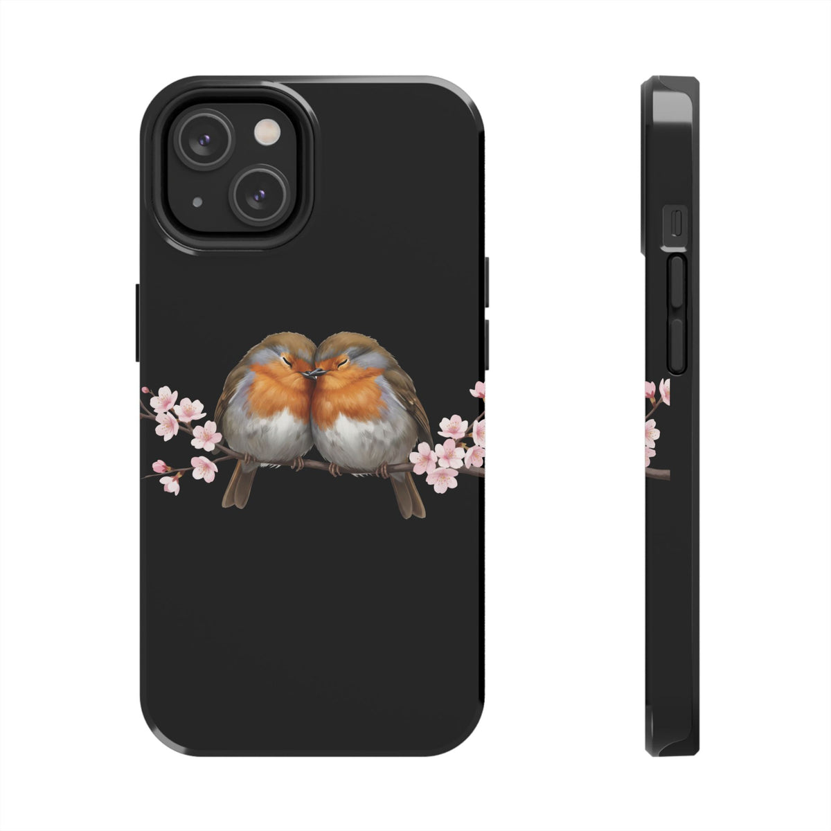 European Robin with Cherry Blossoms iPhone Case – Premium Tough Phone Cover Black