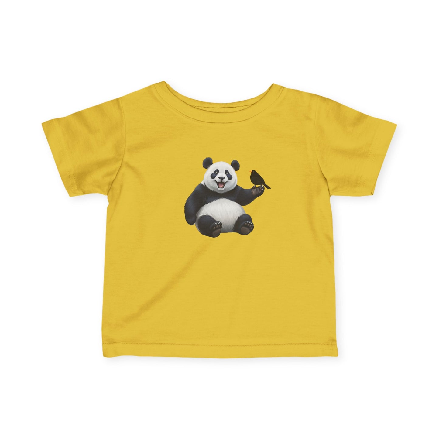 Fröhlicher Panda mit Amsel Vogel Tiermotiv T-Shirt für Babys und Kleinkinder