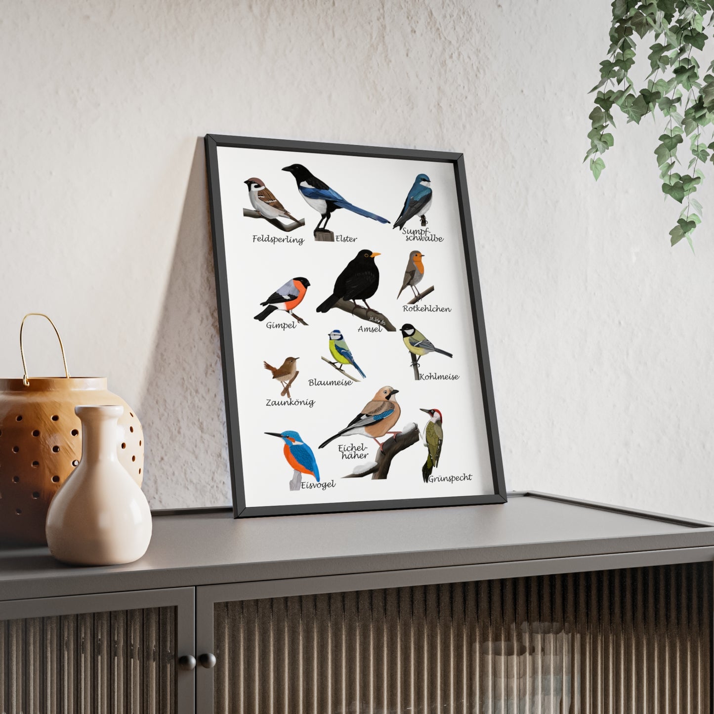Vogel Poster im Holzrahmen - Gartenvögel Amsel Rotkehlchen Blaumeise