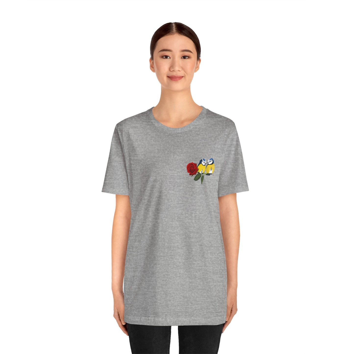 Valentine's Day Blue Titmice on Rose Unisex Tee