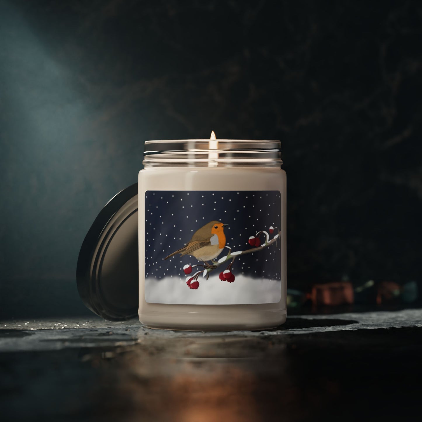 European Robin on a Winter Branch Christmas Bird Art Scented Soy Candle, 9oz