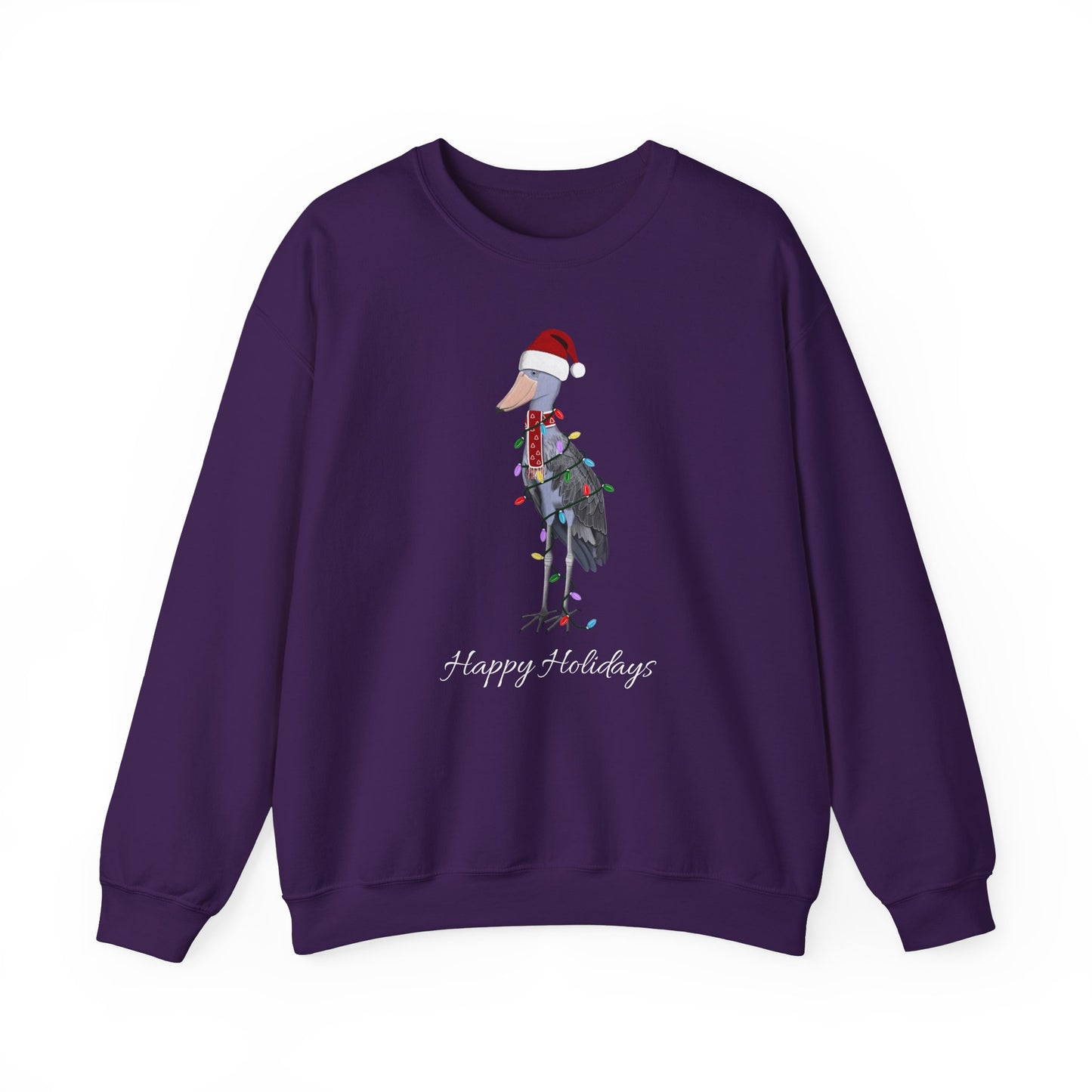 サンタクロースの姿でフェアリーライトをつけたハシビロコウのハッピーホリデーバードウォッチャークリスマスバードスウェットシャツ