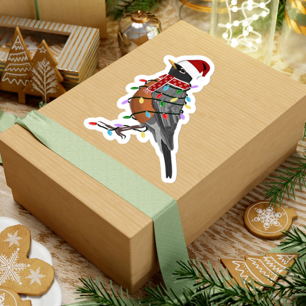 Robin with Fairy Lights Santa Claus Hat and Scarf Christmas Bird Sticker