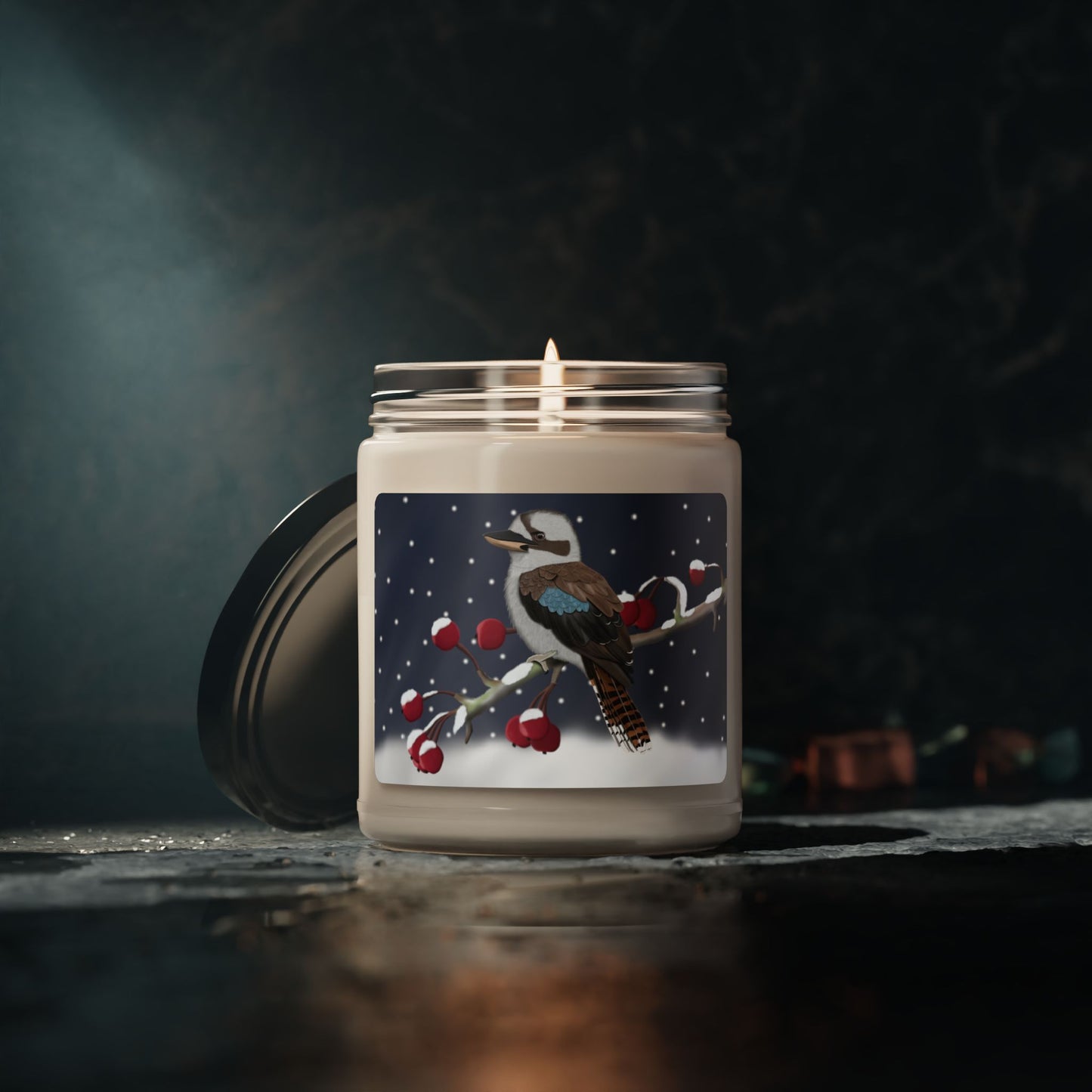Kookaburra on a Winter Branch Christmas Bird Art Scented Soy Candle, 9oz