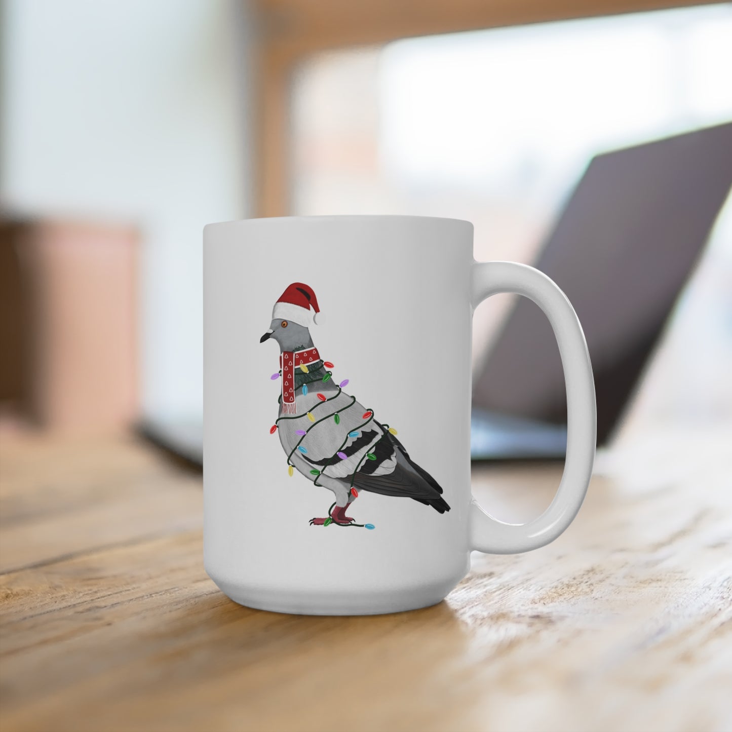 Taube Tasse Vogel als Weihnachtsmann mit Lichterkette Weiß für Vogelfreunde