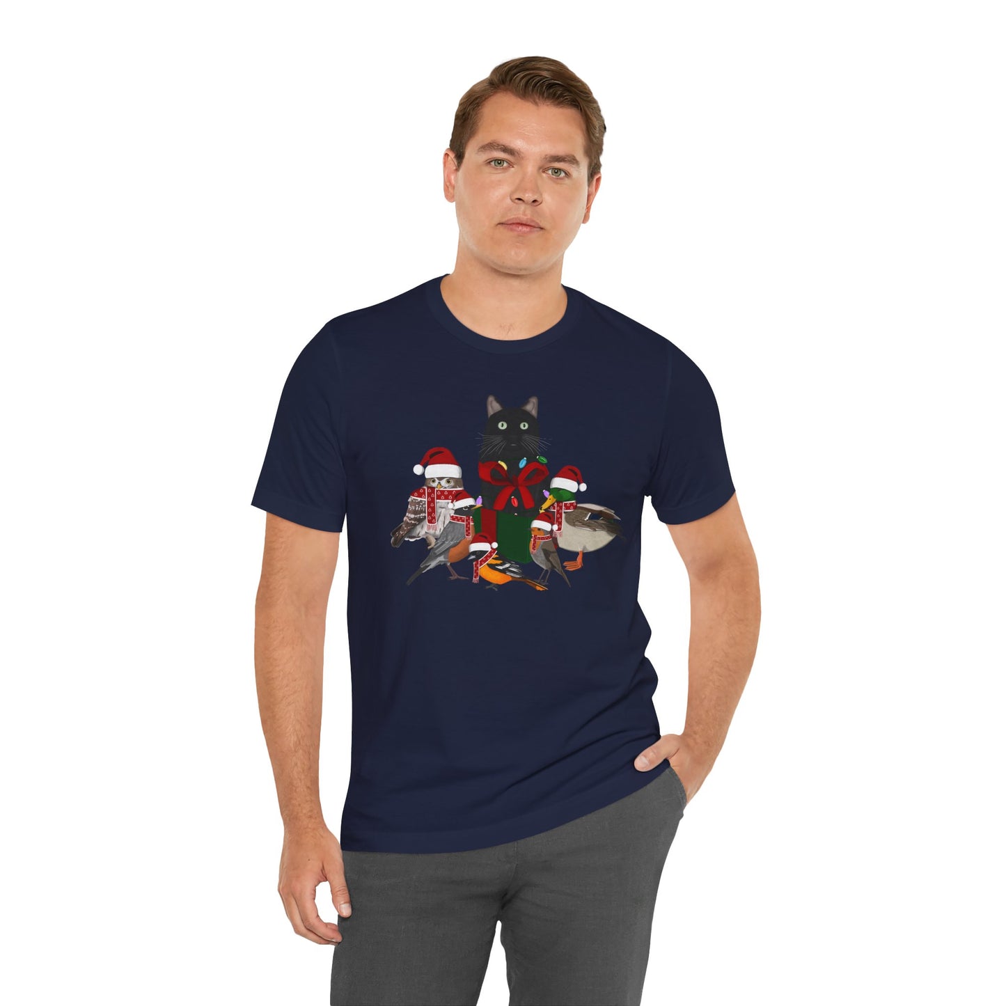 Robin Mallard Oriole Owl with Cat in a Box and Fairy Lights Christmas Bird T-Shirt