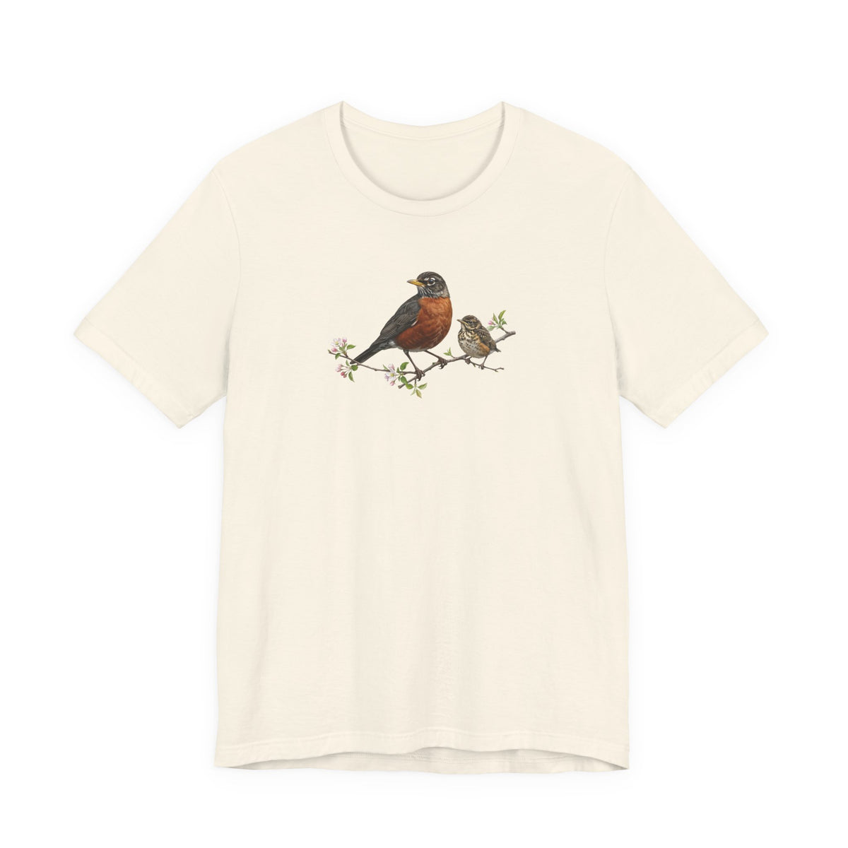 American Robin & Fledgling T-Shirt | Spring Blossoms Unisex Graphic Tee