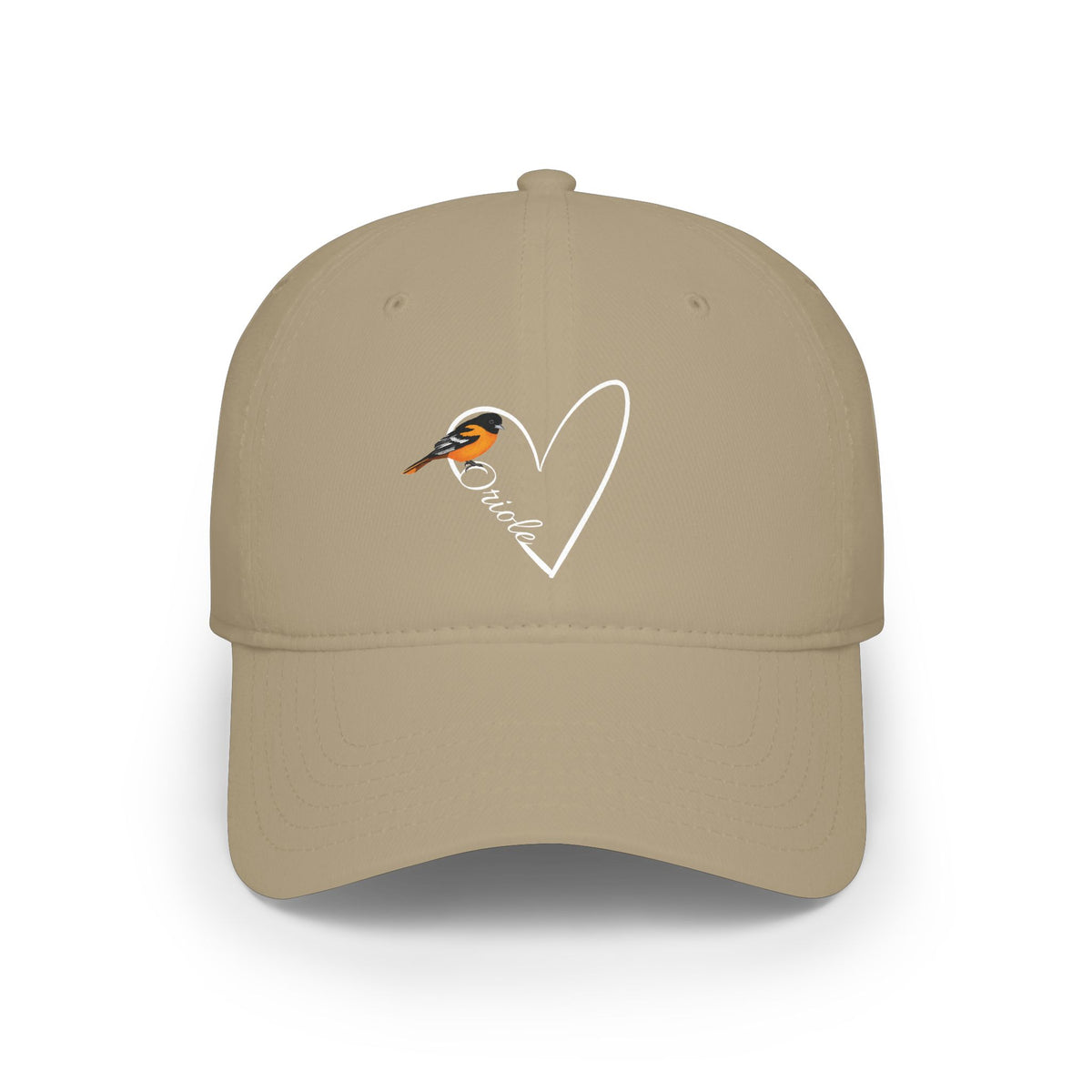 Beige cap with a baltimore oriole and heart design on a white background