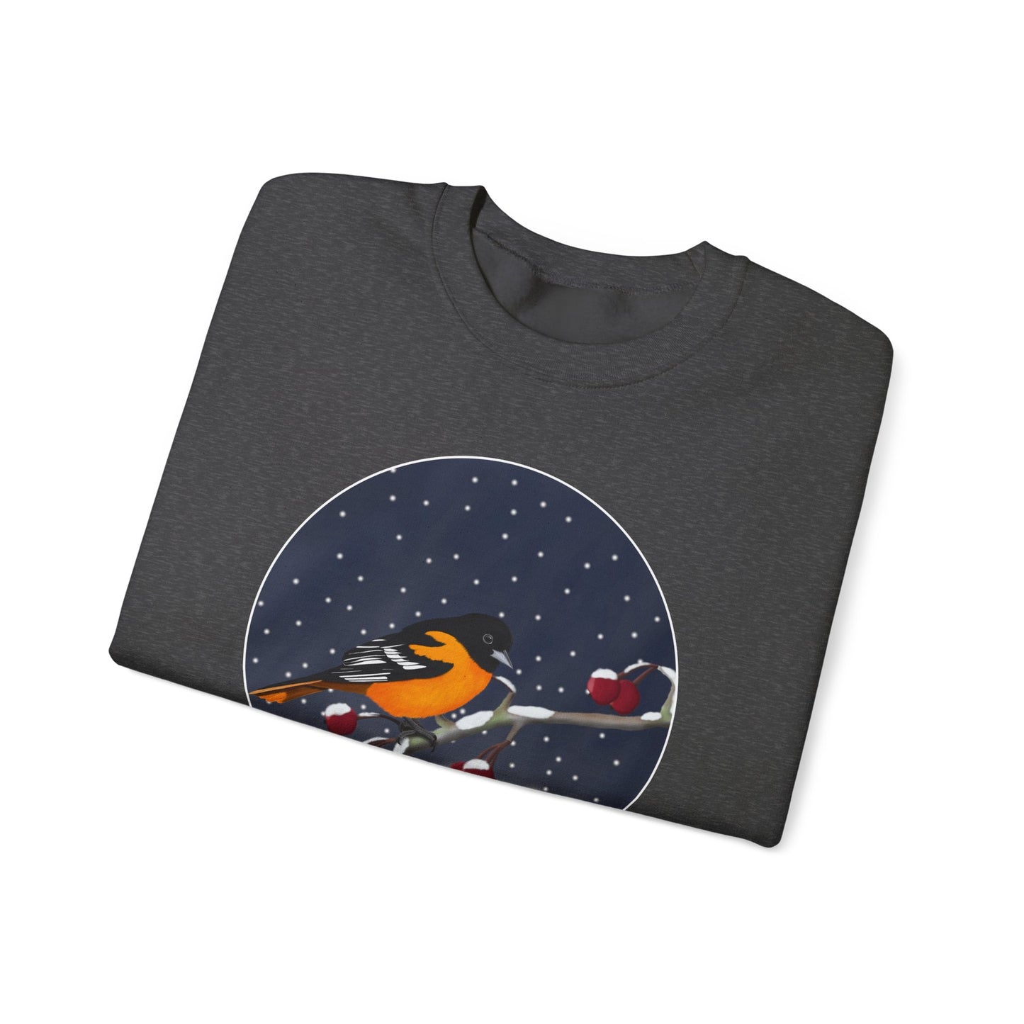 Baltimore Oriole on a Winter Branch Birdwatcher Christmas Bird Sweatshirt