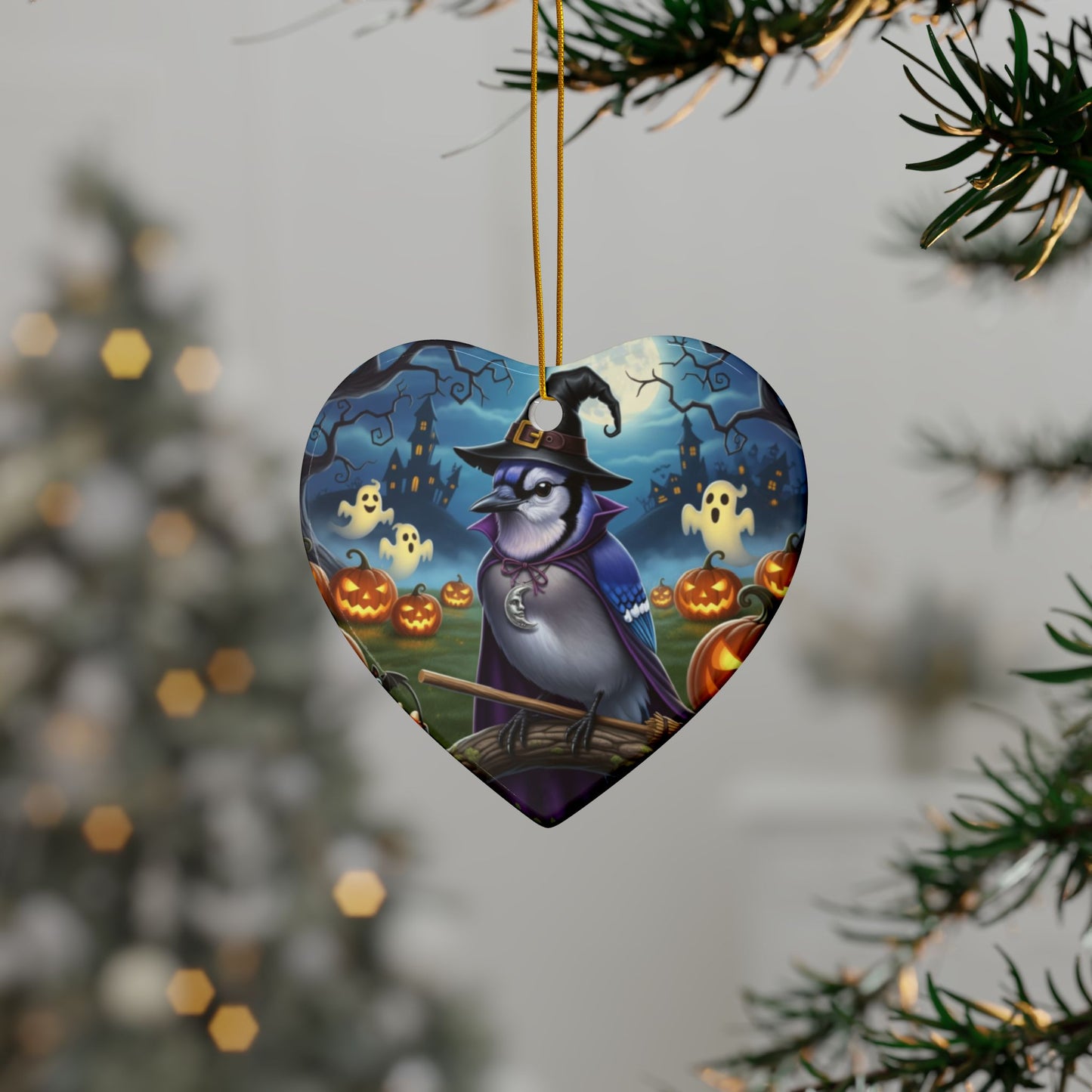 Funny Blue Jay Bird Halloween Ornament, Double-Sided Ceramic Decor for Spooky Season