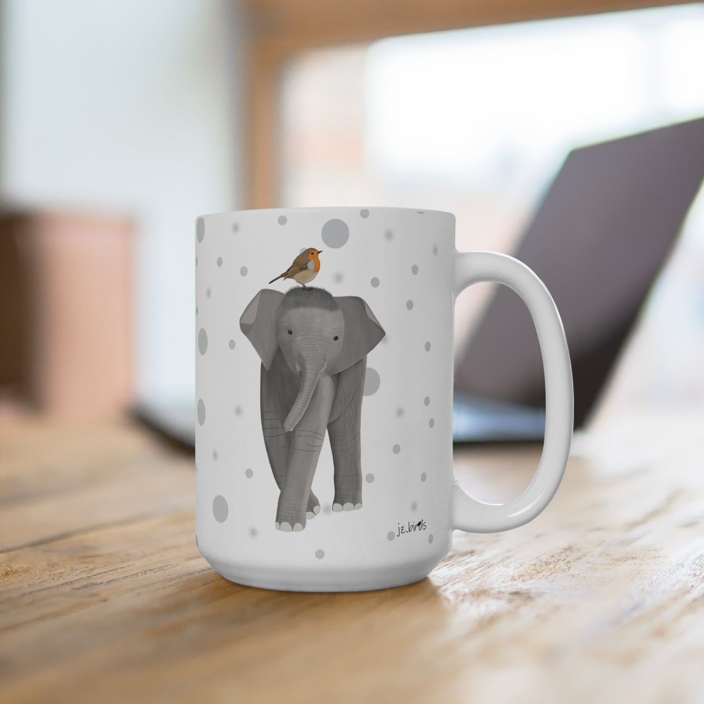 Rotkehlchen auf einem Elefanten Vogel Tasse Punkte Grau