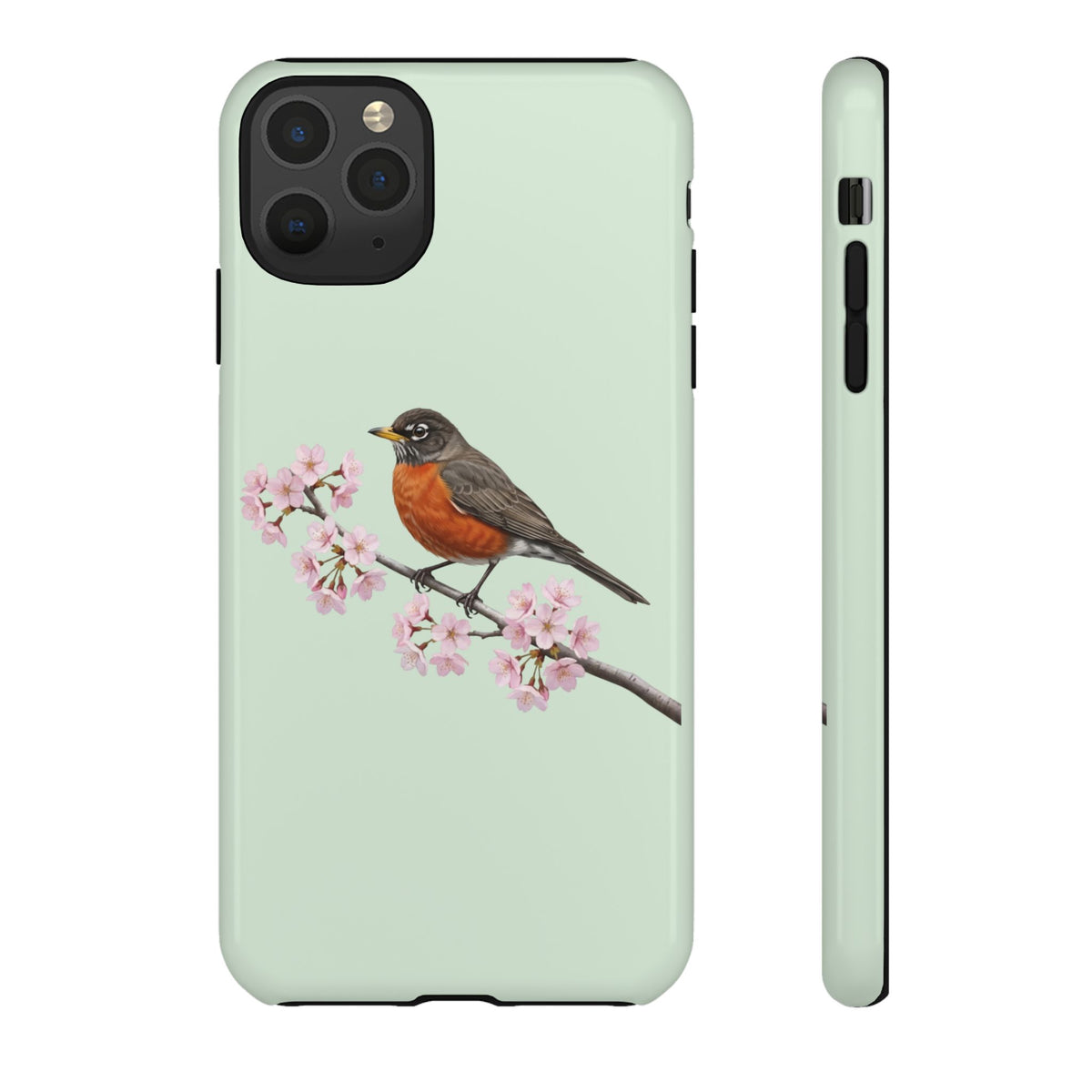 Wanderdrossel Handyhülle in Salbeigrün | Florales Kirschblüten Vogel-Motiv für iPhone & Google Pixel – animal lover,