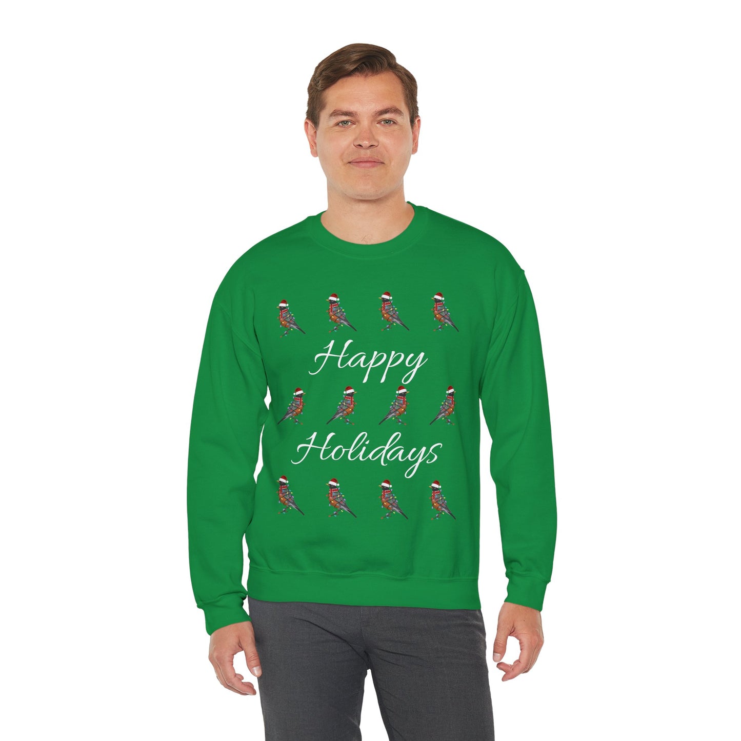 American Robin as Santa with Hat Scarf and Fairy Lights Happy Holidays Birdwatcher Christmas Bird Sweatshirt