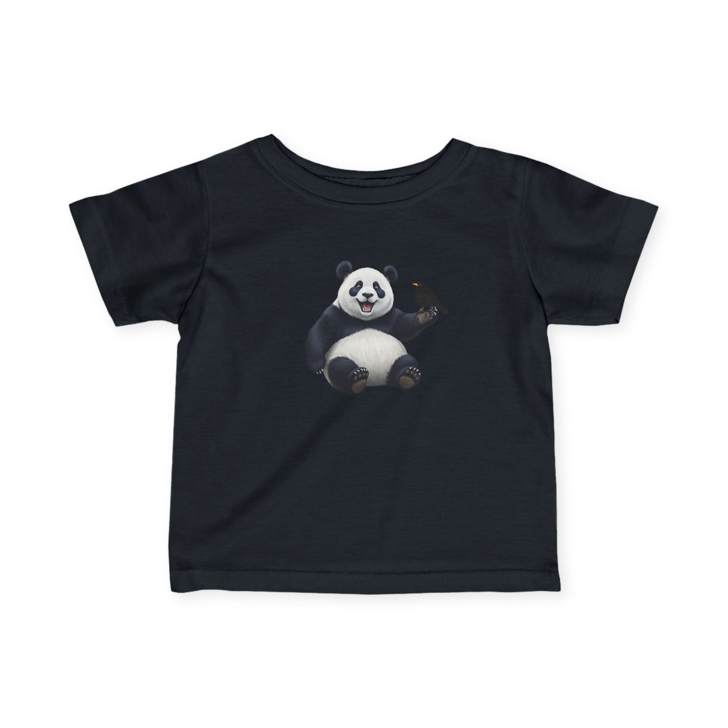 Fröhlicher Panda mit Amsel Vogel Tiermotiv T-Shirt für Babys und Kleinkinder