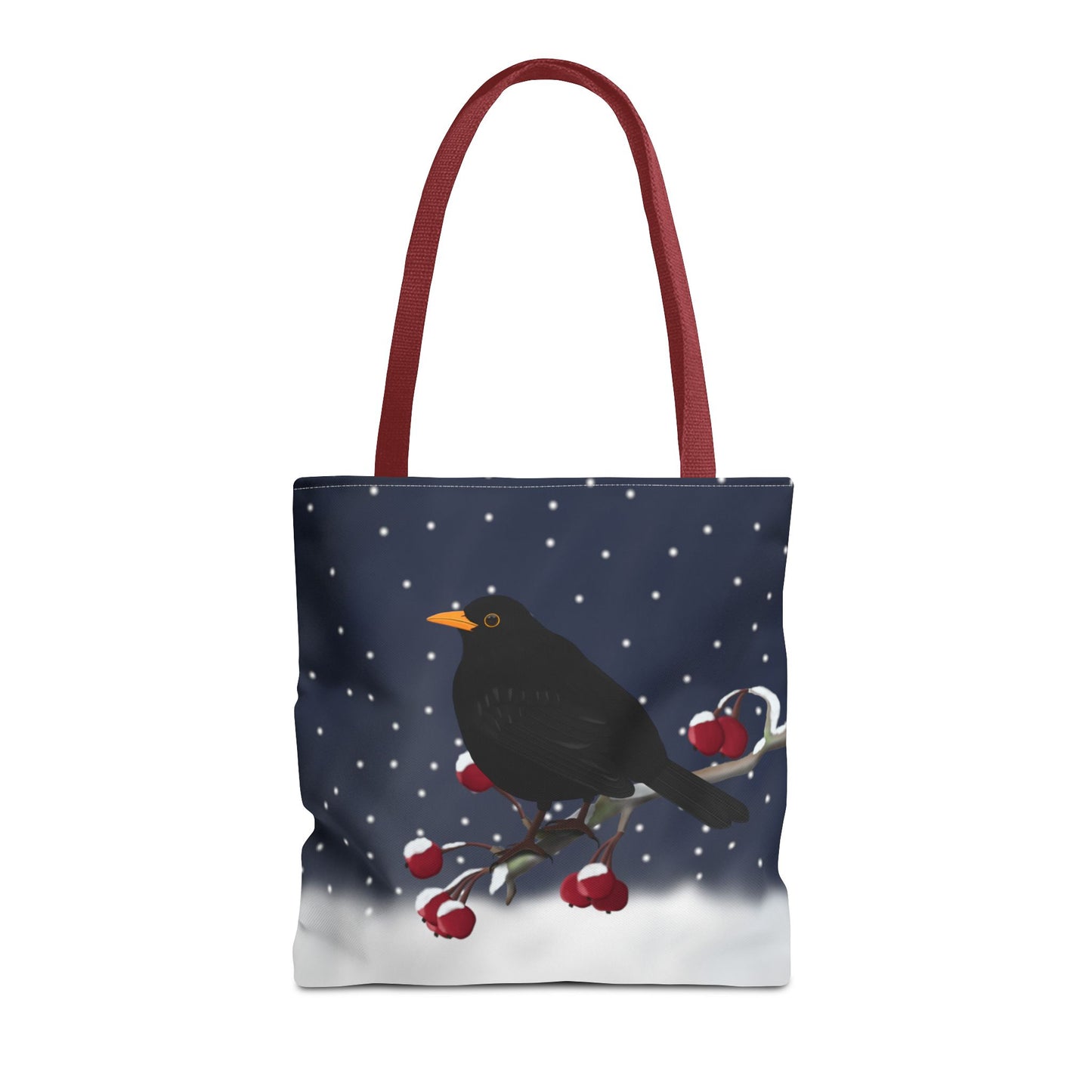 Amsel auf einem Ast im Schnee Vogel Tragetasche