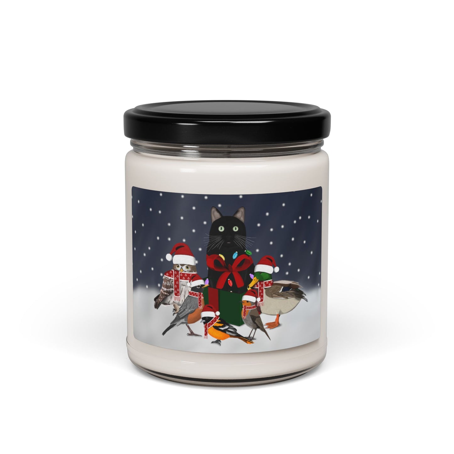 Robin Oriole Mallard Owl with Cat Christmas Bird Art Scented Soy Candle, 9oz