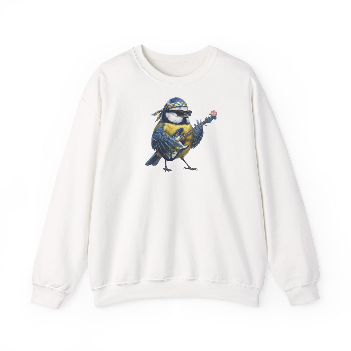 Bert Blaumeise Blumen-Gitarre Sweatshirt – Die Gartenvögel Band 2 Merch (Unisex) – Animal Graphic Tee, Vogelmotiv