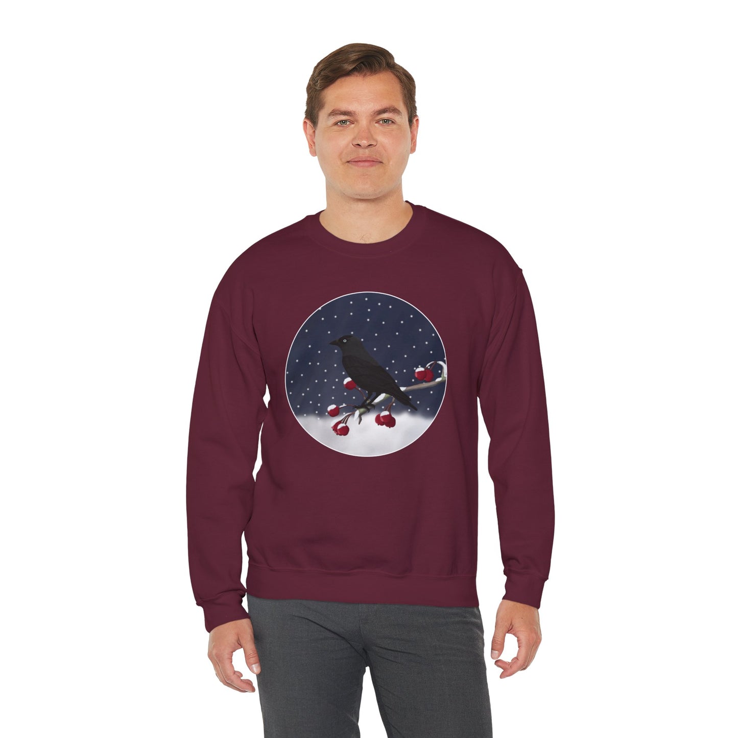 Western Jackdaw on a Winter Branch Birdwatcher Christmas Bird Sweatshirt
