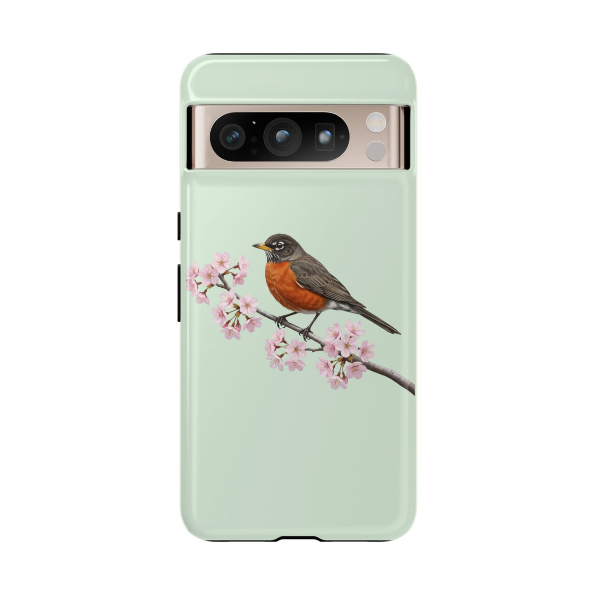 Wanderdrossel Handyhülle in Salbeigrün | Florales Kirschblüten Vogel-Motiv für iPhone & Google Pixel