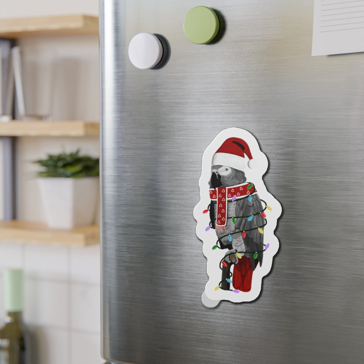 Grey Parrot with Fairy Lights and Scarf Christmas Bird Magnet