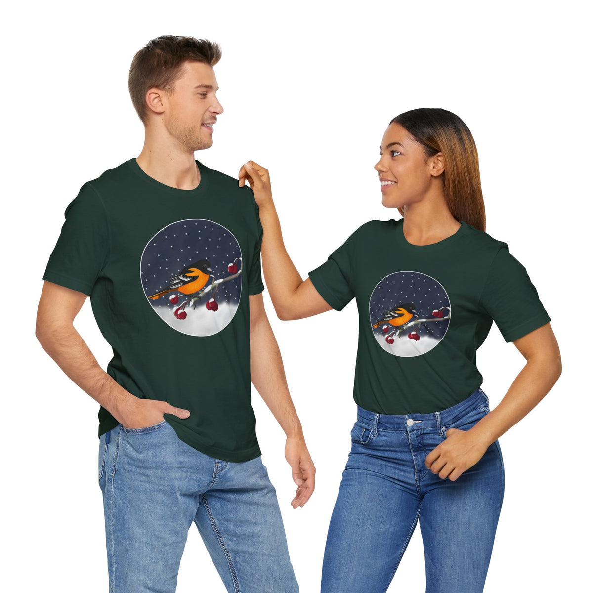Baltimore Oriole on a Winter Branch Birdwatcher Christmas Bird T-Shirt